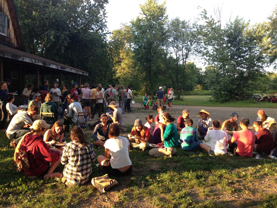 Beginning farmers gather at Hearty Roots Farm in Clermont, NY, for the Hudson Valley Young Farmers Coalition summer mixer.